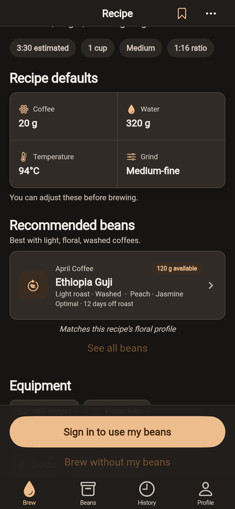 PourPulse recipe detail recommending an Ethiopia Guji light-roast washed coffee that matches the recipe