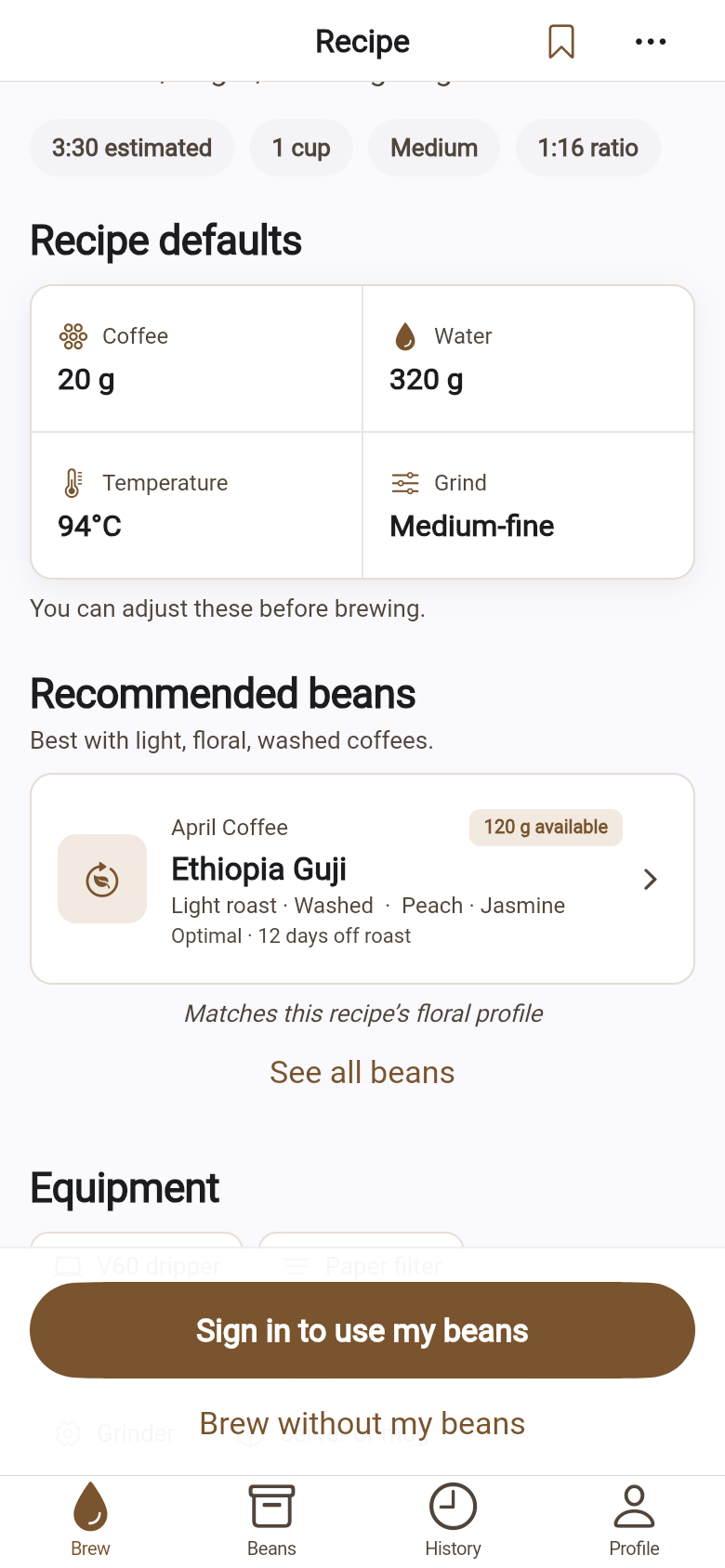 PourPulse recipe detail recommending an Ethiopia Guji light-roast washed coffee that matches the recipe