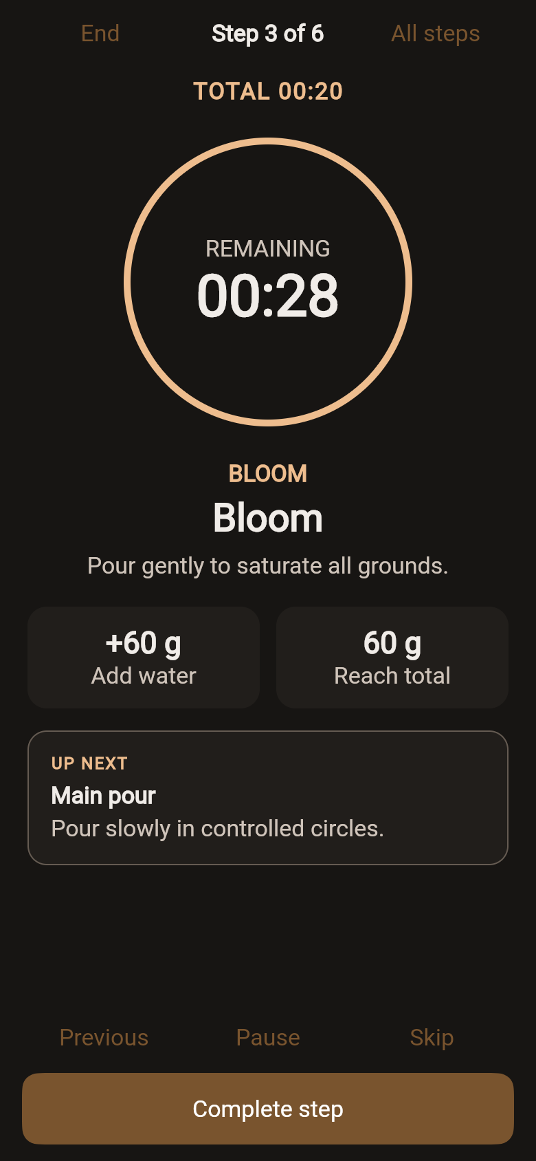 PourPulse brew mode on step 3 of 6, Bloom: a countdown timer, add 60 g of water, and the next step shown below
