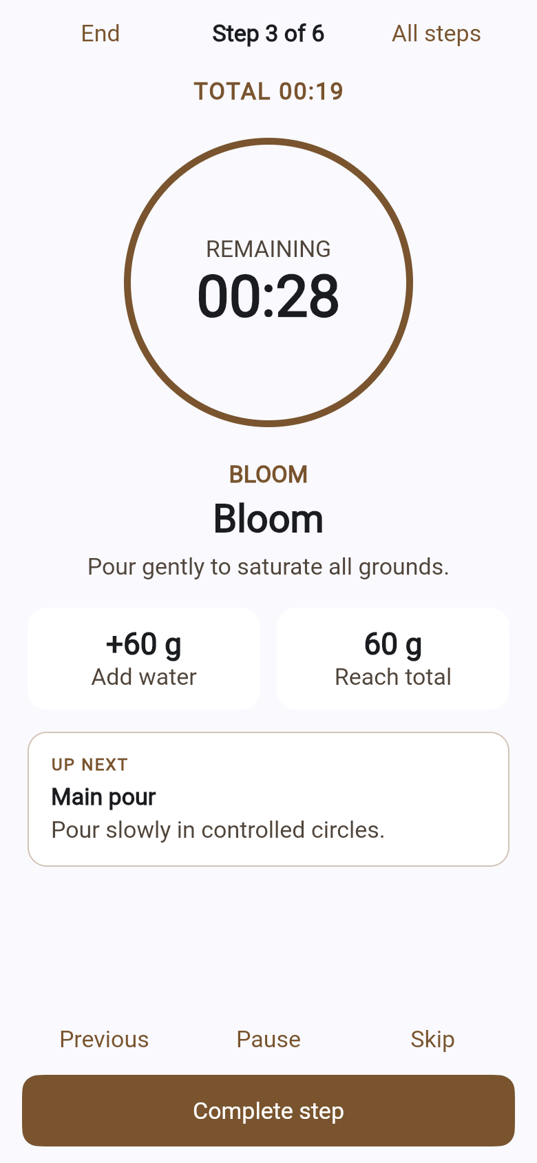 PourPulse brew mode on step 3 of 6, Bloom: a countdown timer, add 60 g of water, and the next step shown below