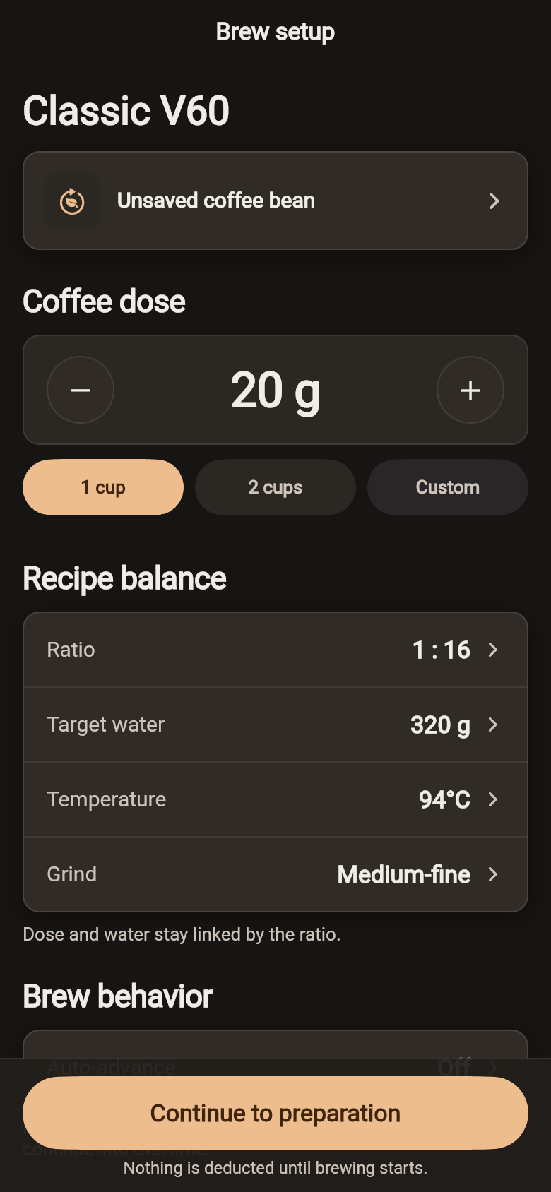 PourPulse brew setup for Classic V60: 20 g coffee, a 1:16 ratio, 320 g water, and the scaled brew plan