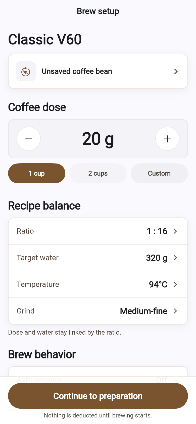 PourPulse brew setup for Classic V60: 20 g coffee, a 1:16 ratio, 320 g water, and the scaled brew plan